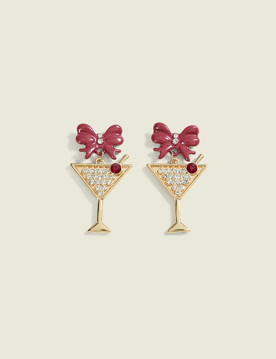 A pair of martini glass-shaped earrings adorned with rhinestones and a red bow sit against a plain, light-colored background. Product Image 1