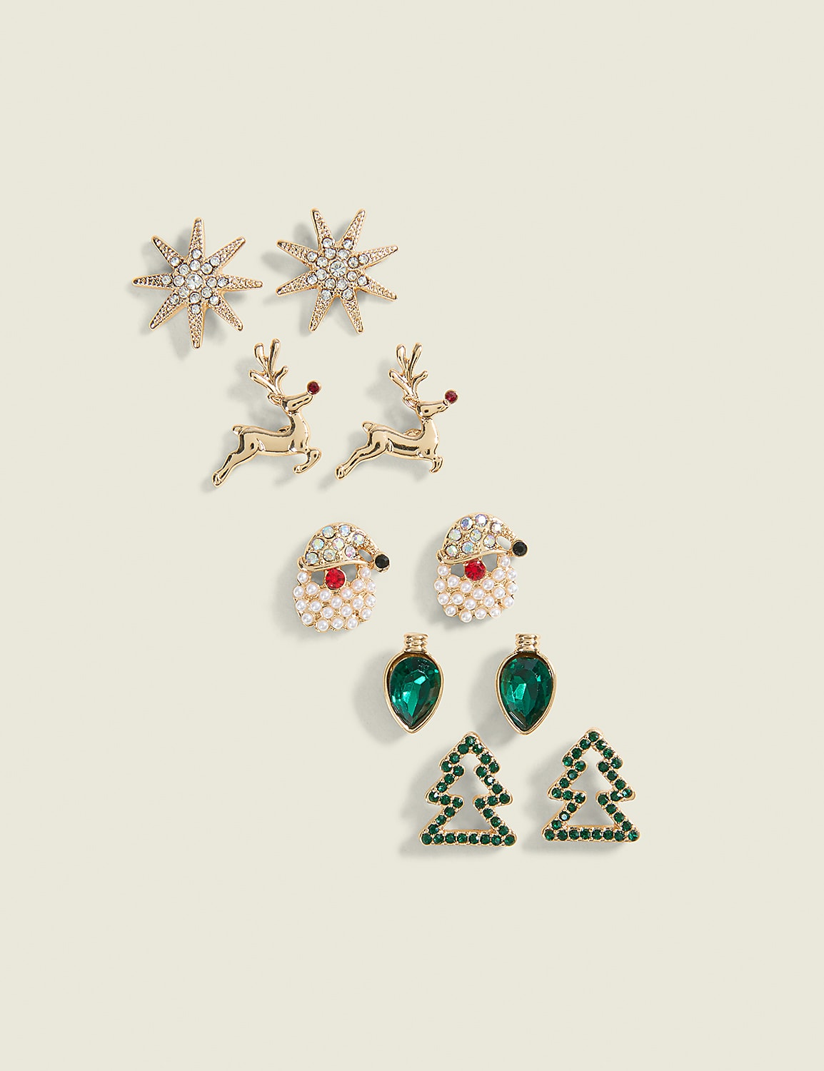 A collection of festive Christmas-themed earrings, including snowflakes, reindeer, Santa Claus, ornaments, and Christmas trees, are arranged on a pale green background. Product Image 1