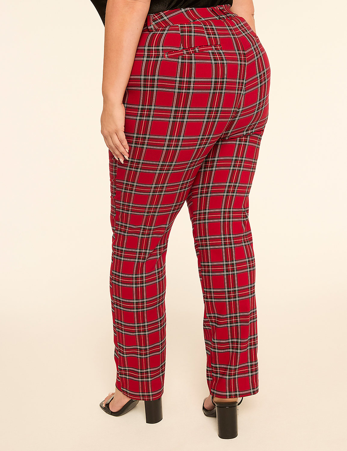 A person wearing red plaid pants and black heels stands against a plain, light-colored background. Product Image 2