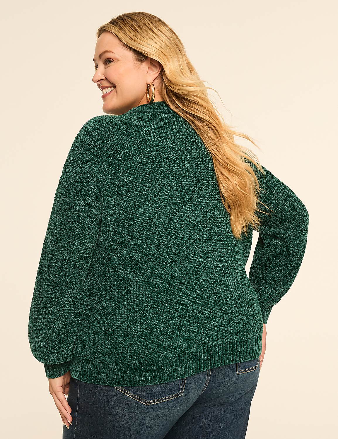 A woman in a green chenille sweater and blue jeans is shown from the back against a plain, light-colored background. Product Image 2
