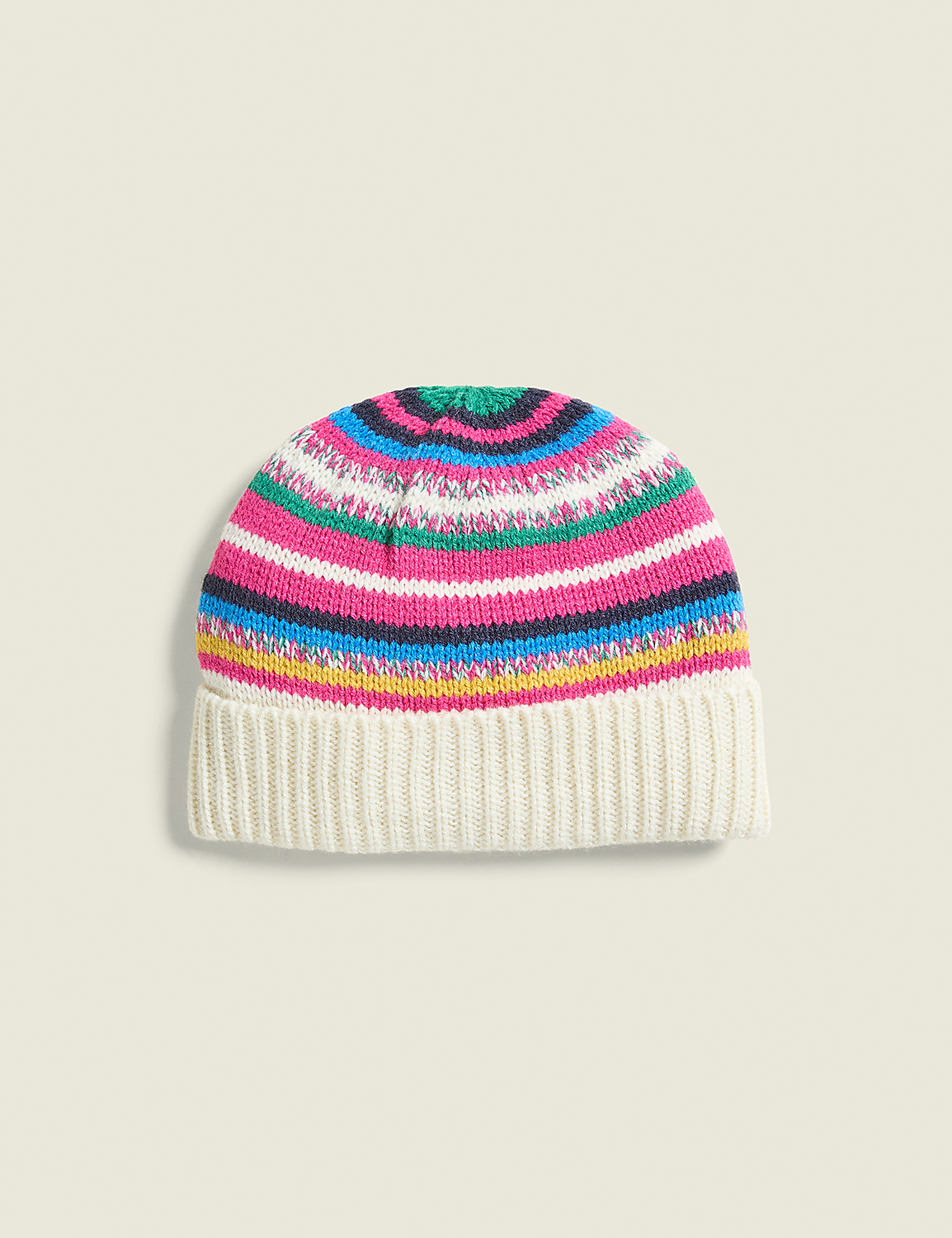 A colorful striped knit hat with a white ribbed brim rests on a plain, light-colored background. Product Image 1