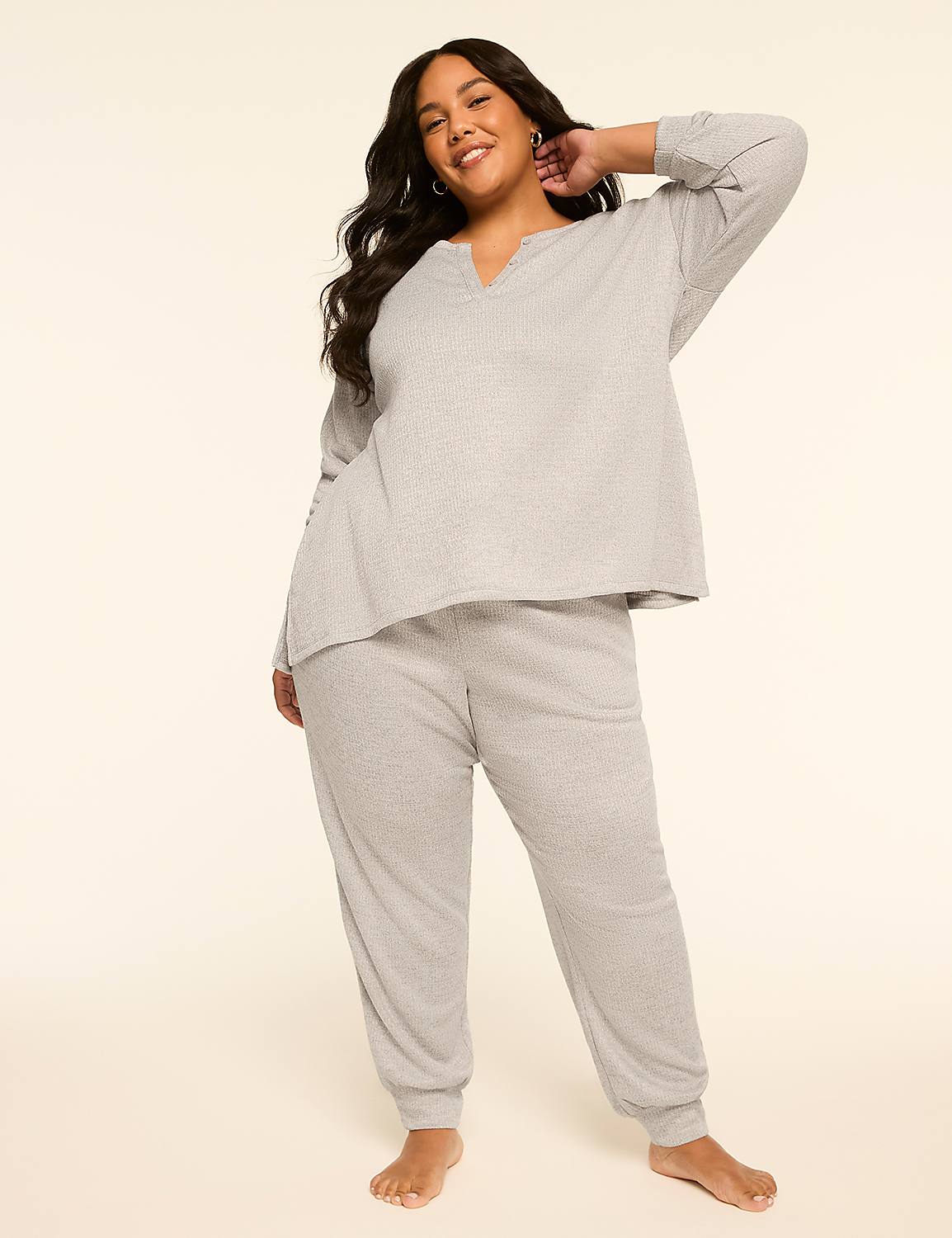 A plus-size woman in a light gray loungewear set stands against a plain, light-colored background. Product Image 3