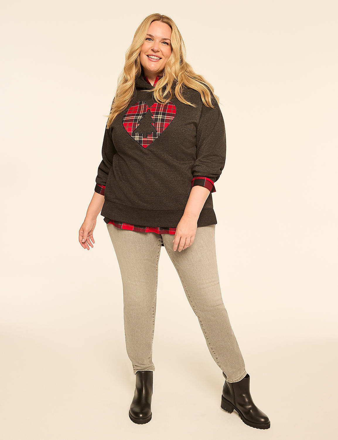 Embroidered Plaid Heart & Tree Graphic Hoodie - thumbnail 3