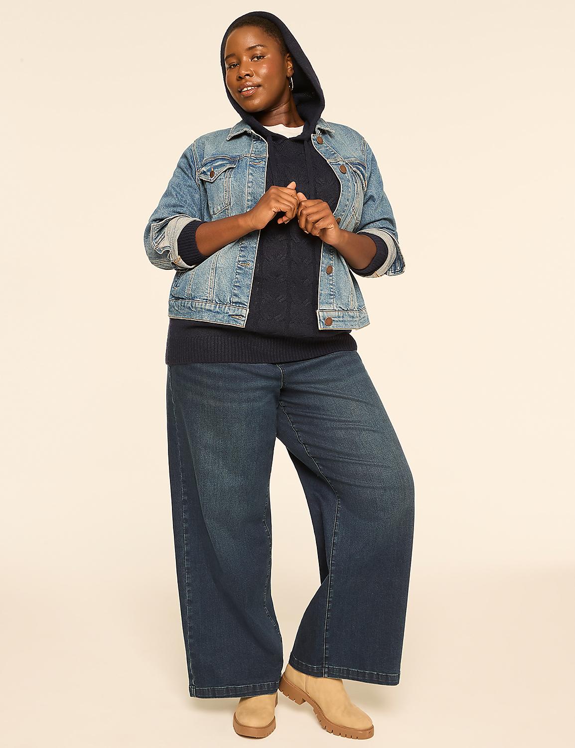 A woman in a denim jacket and wide-leg jeans stands against a plain, light-colored background. Product Image 3