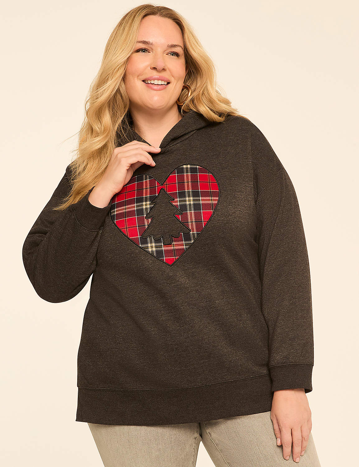 Embroidered Plaid Heart & Tree Graphic Hoodie