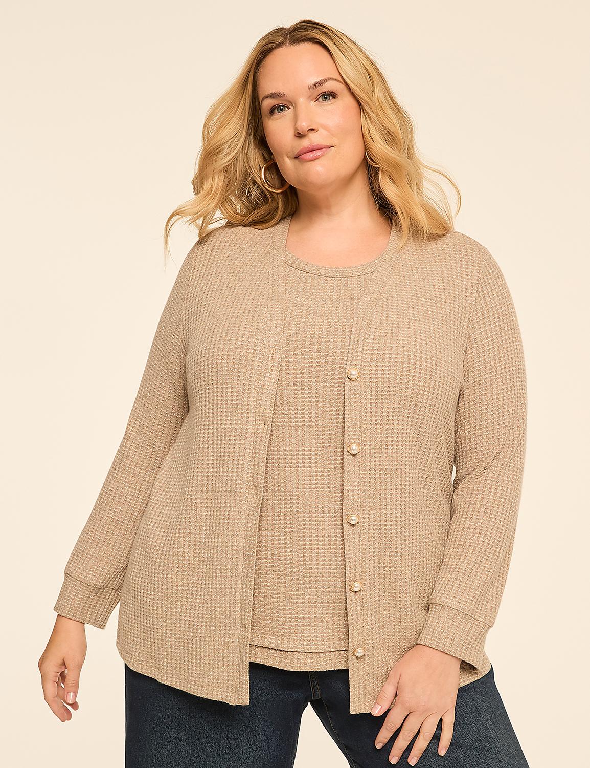 A woman in a beige waffle-knit cardigan and matching tank top stands against a plain, light-colored background. Product Image 1