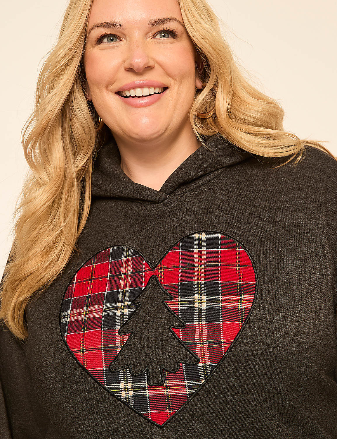 Embroidered Plaid Heart & Tree Graphic Hoodie - thumbnail 4
