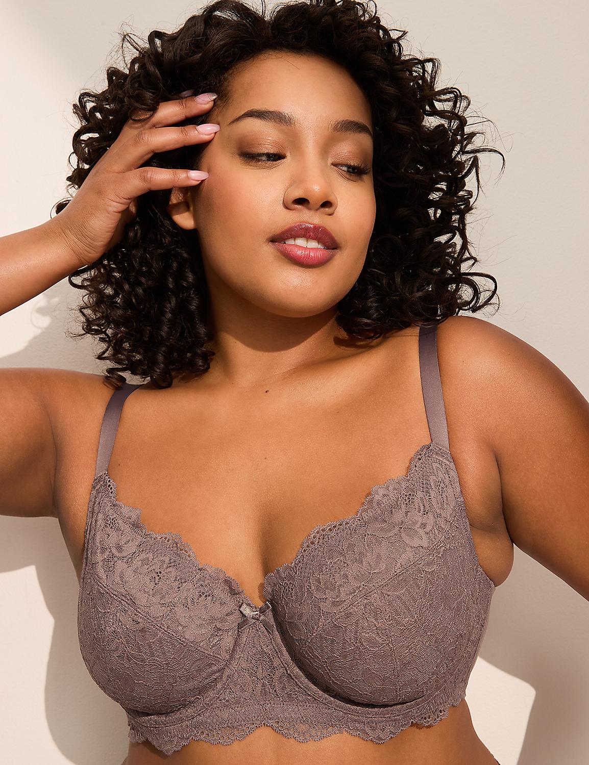 A woman with curly dark hair poses in a taupe lace bra against a plain, light-colored background. Product Image 1