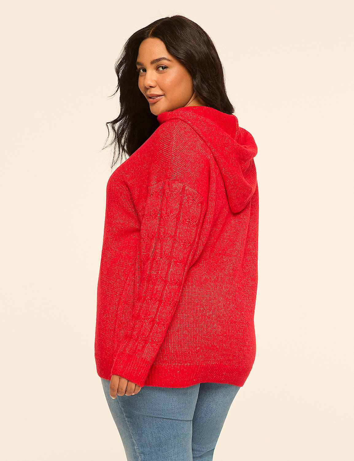 A woman in a red hooded sweater and jeans stands against a plain, light-colored background. Product Image 2