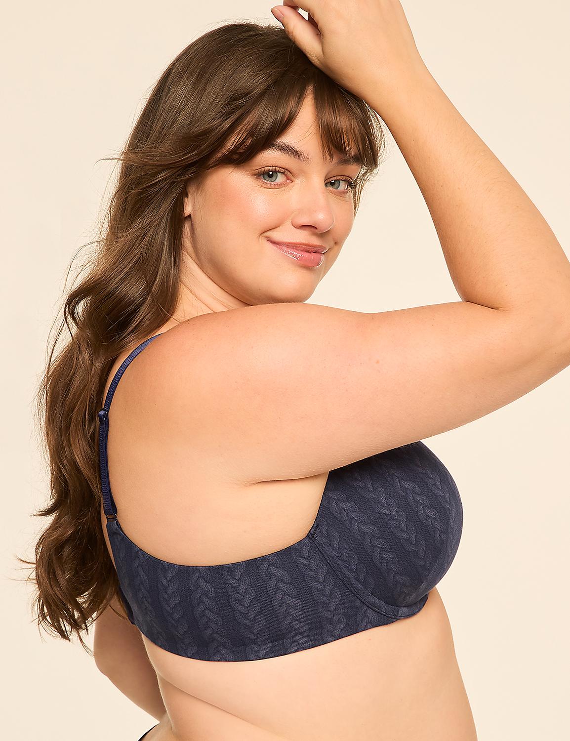A woman with long brown hair and a patterned navy bra is posed against a plain, light-colored background. Product Image 3