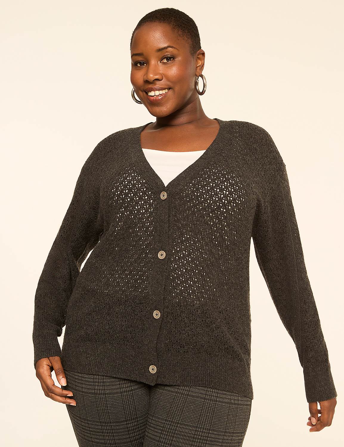 Button-Front Open-Stitch Cardigan - thumbnail 4