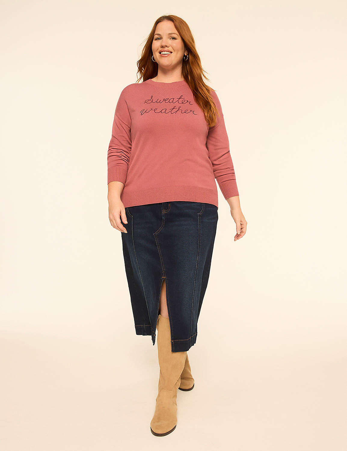 A woman with curly hair stands in a quilted maroon jacket, pink sweatshirt, and denim skirt with tan boots against a plain cream background. Product Image 3