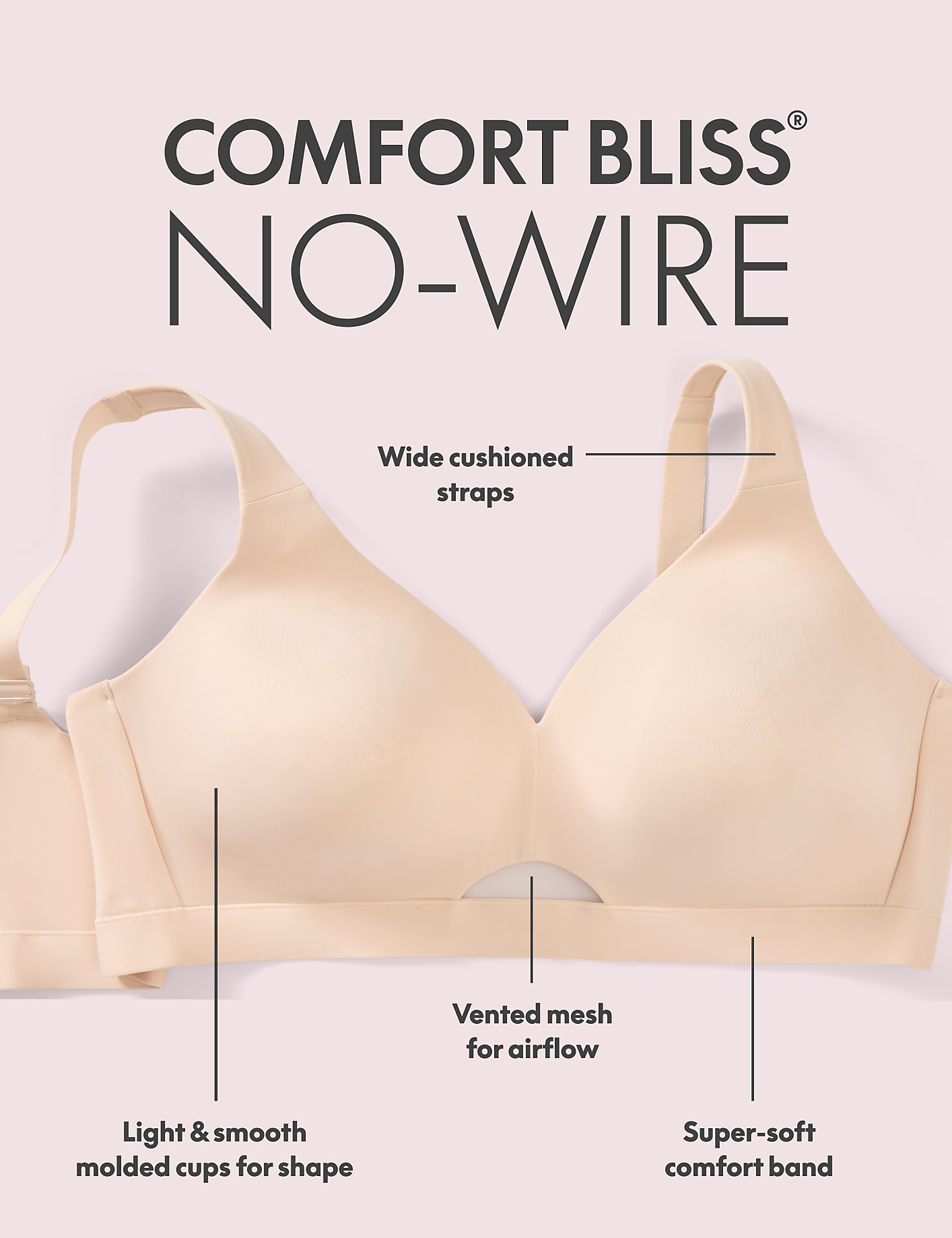 A beige no-wire bra with descriptive labels is presented against a soft pink background. Product Image 7