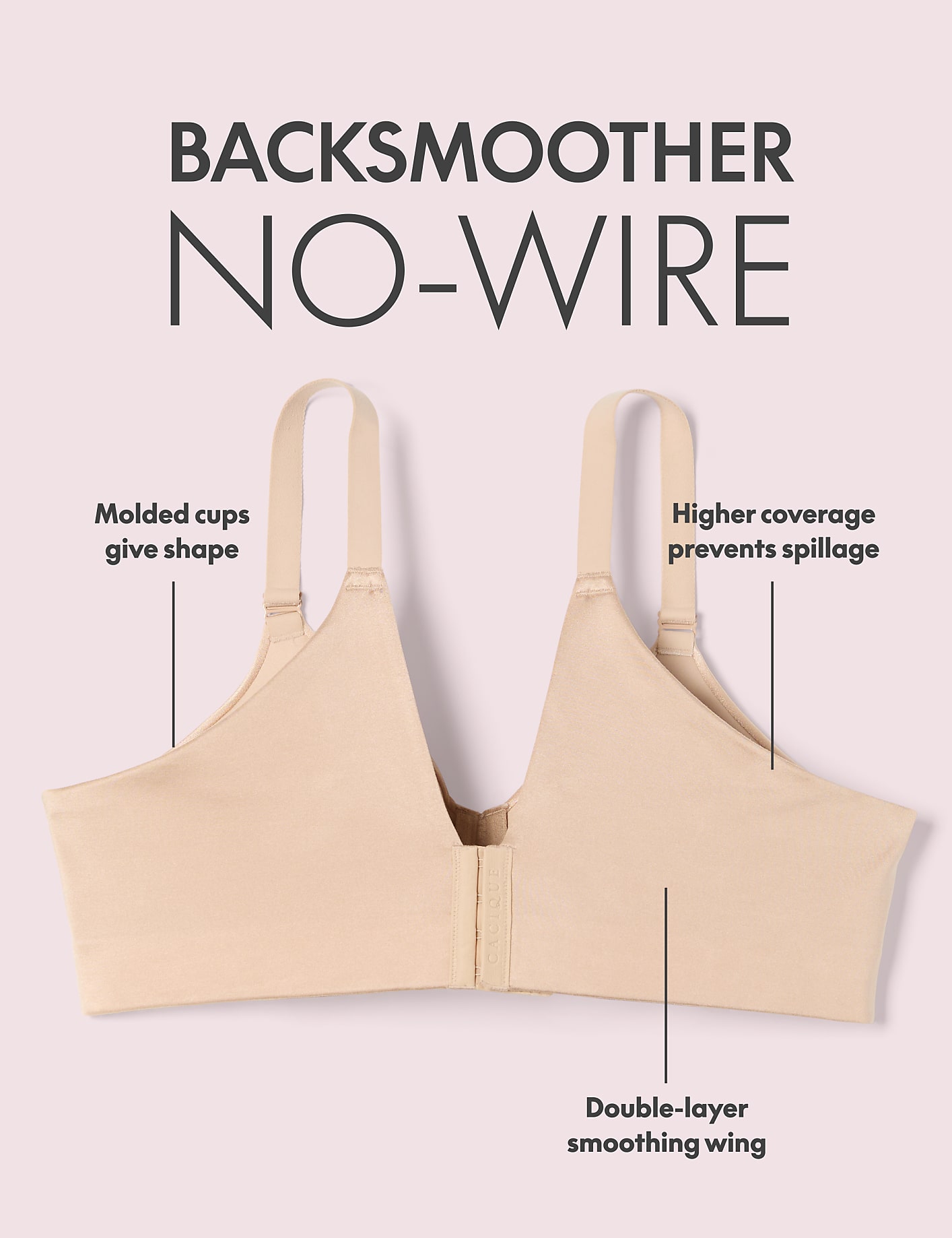 A beige no-wire bra with text highlighting its features is centered against a pale pink background. Product Image 1
