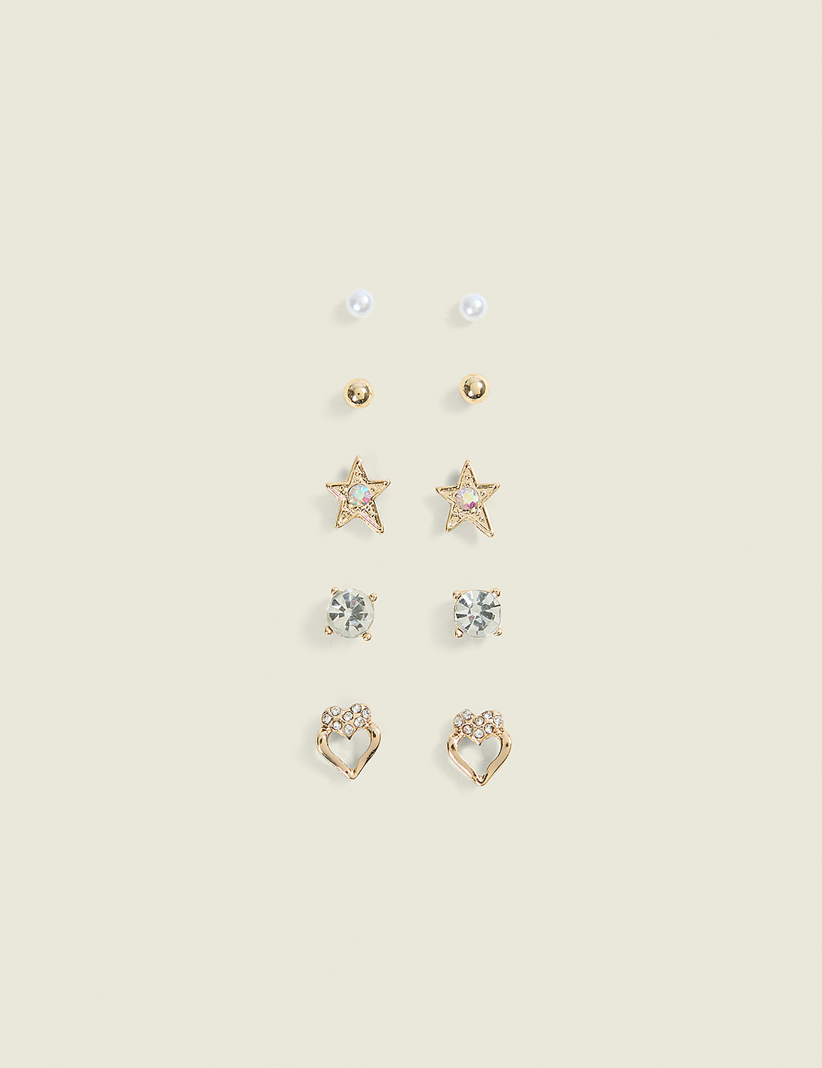 Five pairs of gold and gemstone stud earrings are arranged in vertical columns against a plain, light beige background. Product Image 2