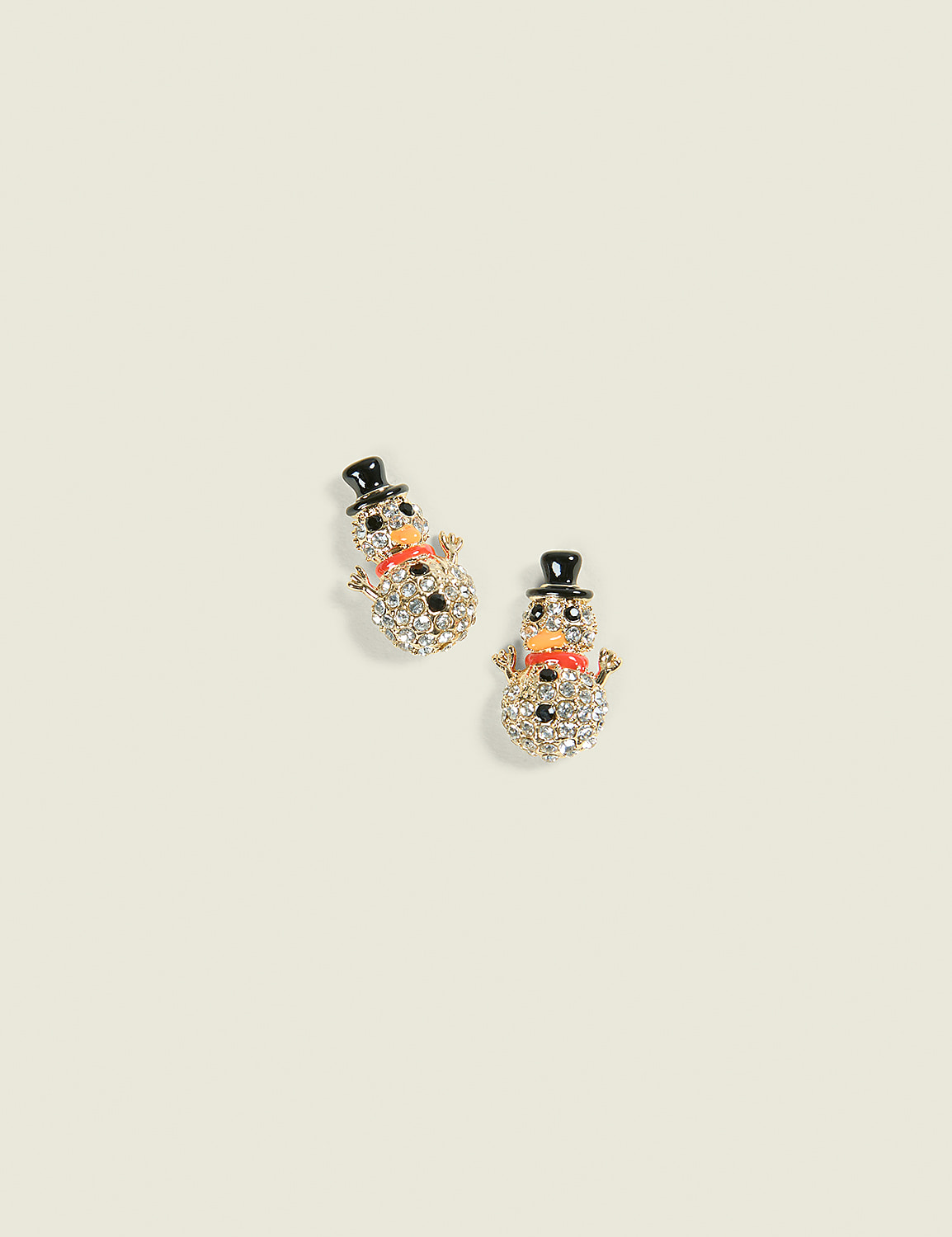 Two sparkling snowman earrings with black top hats and orange noses are centered on a plain, light beige background. Product Image 1