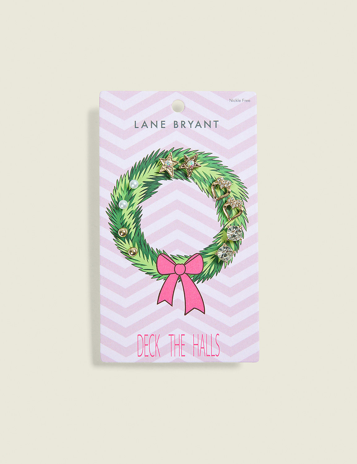 A set of gold and crystal stud earrings is displayed on a wreath-themed card with a pink chevron background. Product Image 1