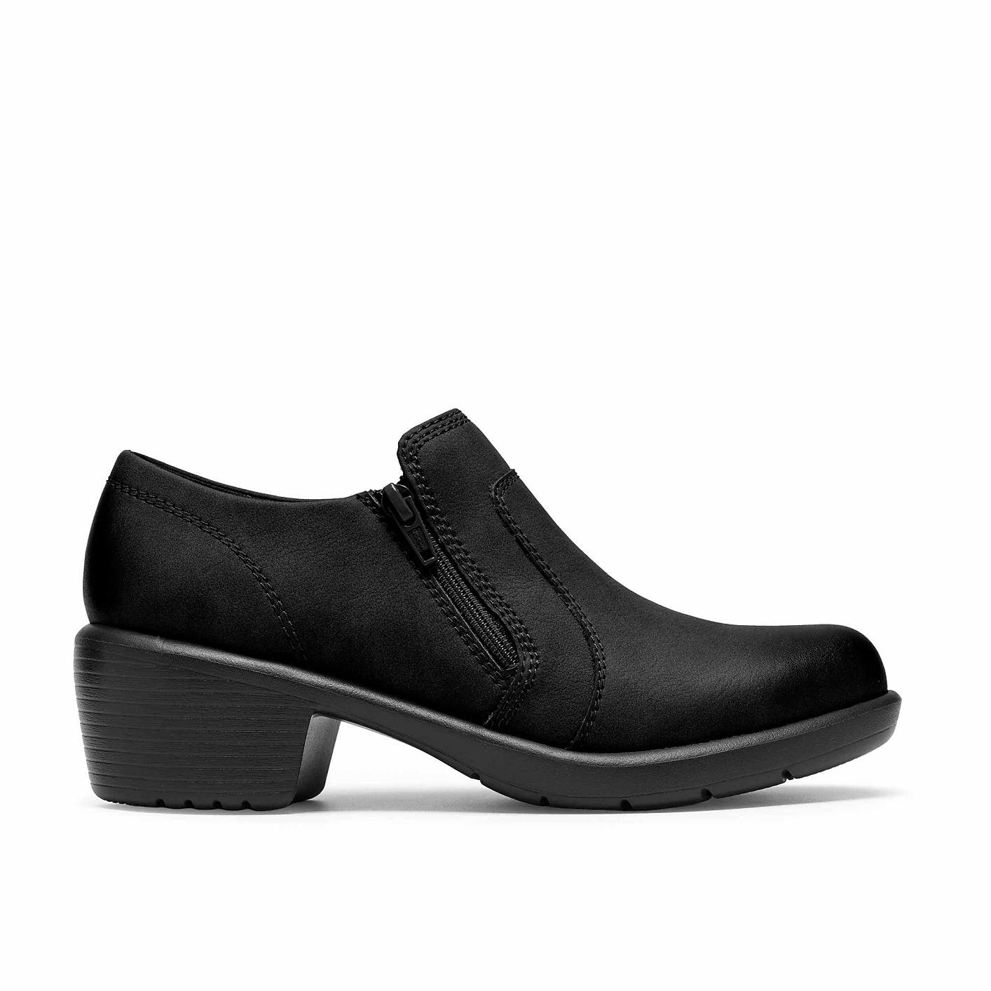 A black leather ankle boot with a chunky heel sits centered against a plain white background. Product Image 1