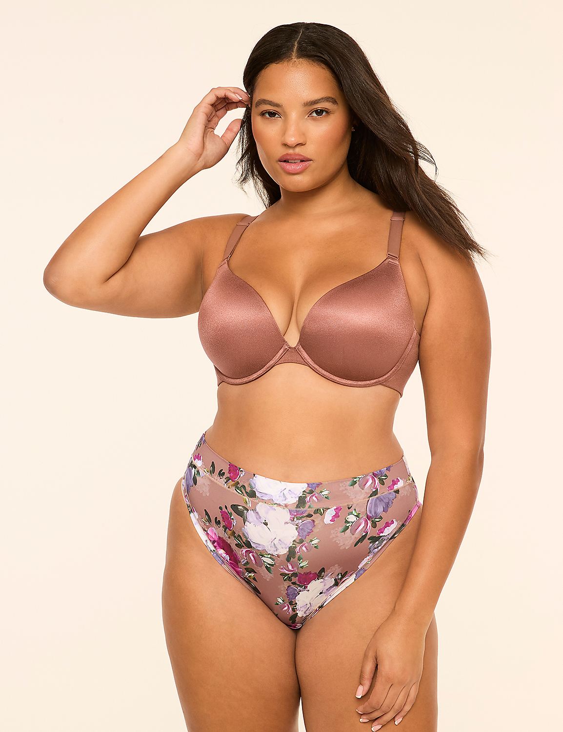 A woman wearing a mauve bra and floral print panties poses against a plain, light-colored background. Product Image 4