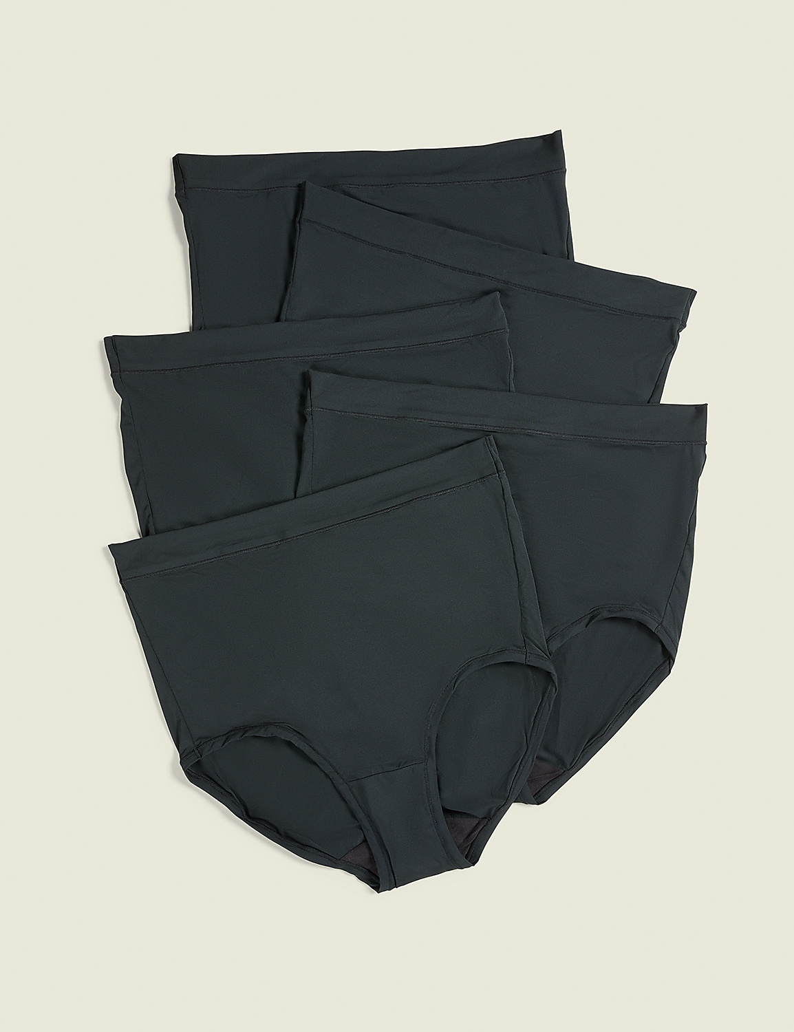 Five pairs of dark grey high-waisted panties are stacked against a plain, light beige background. Product Image 1