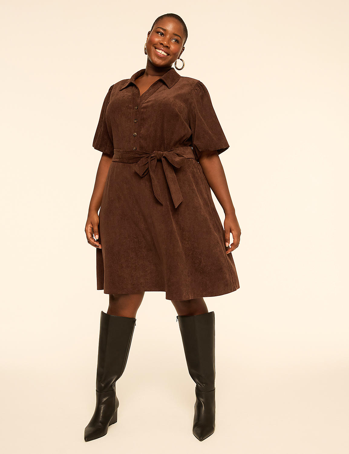 Tie-Waist Corduroy Shirt Dress