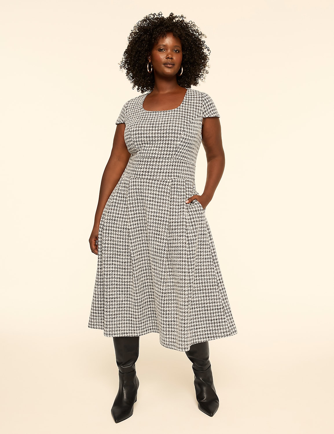 Houndstooth Square-Neck Midi Dress