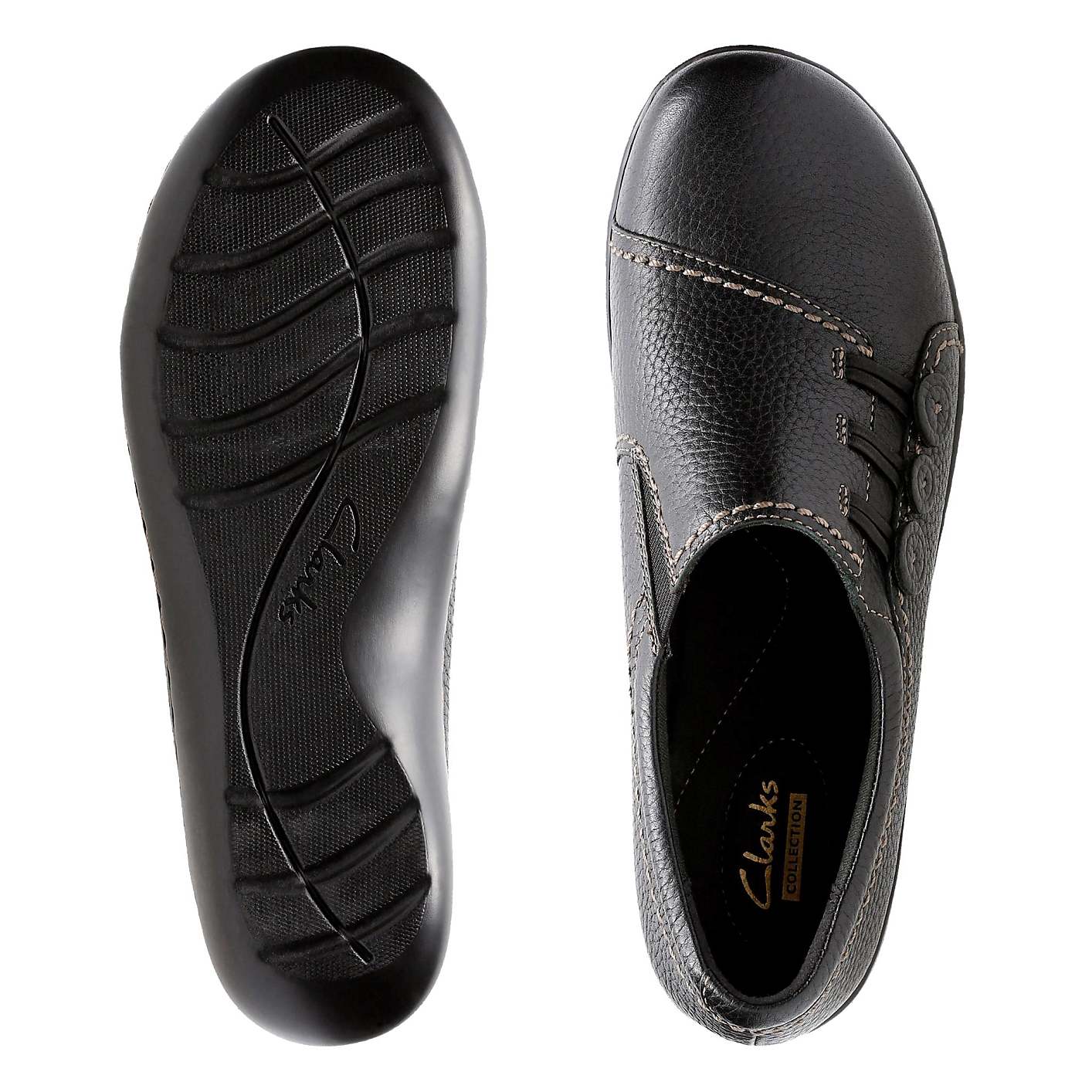 A pair of black leather Clarks shoes, showing both the sole and the top view, set against a plain white background. Product Image 5