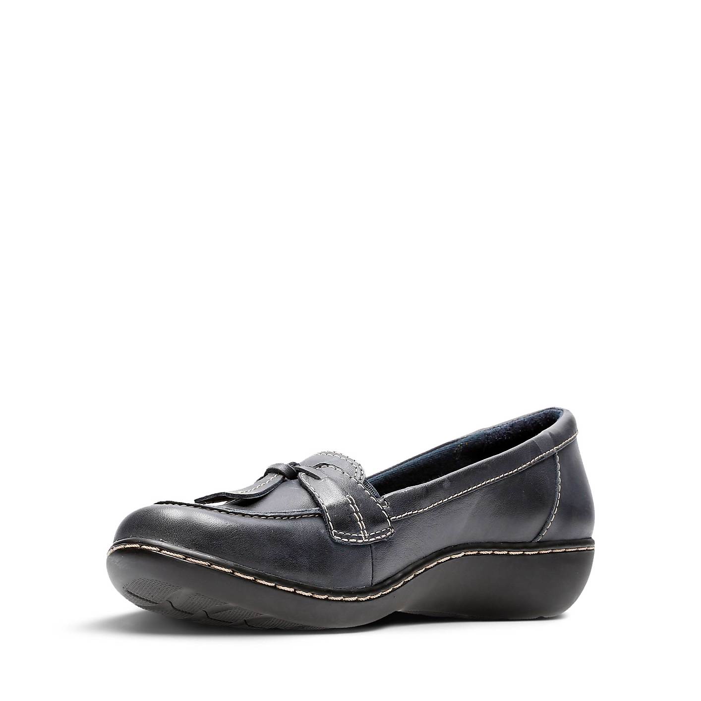 A single navy blue leather loafer sits in the foreground against a plain white background. Product Image 5