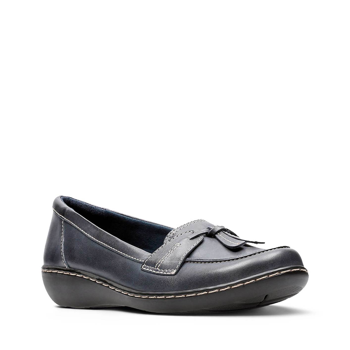A single navy blue leather loafer sits in the foreground against a plain white background. Product Image 3