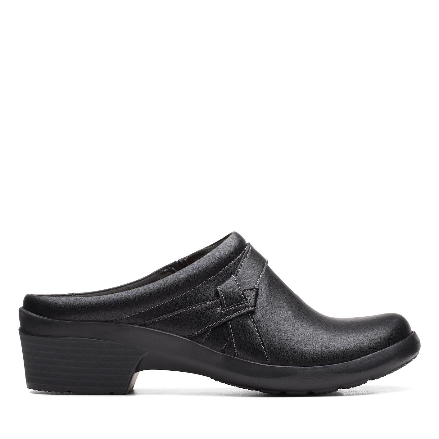 A single black leather clog sits in the foreground against a plain white background. Product Image 1