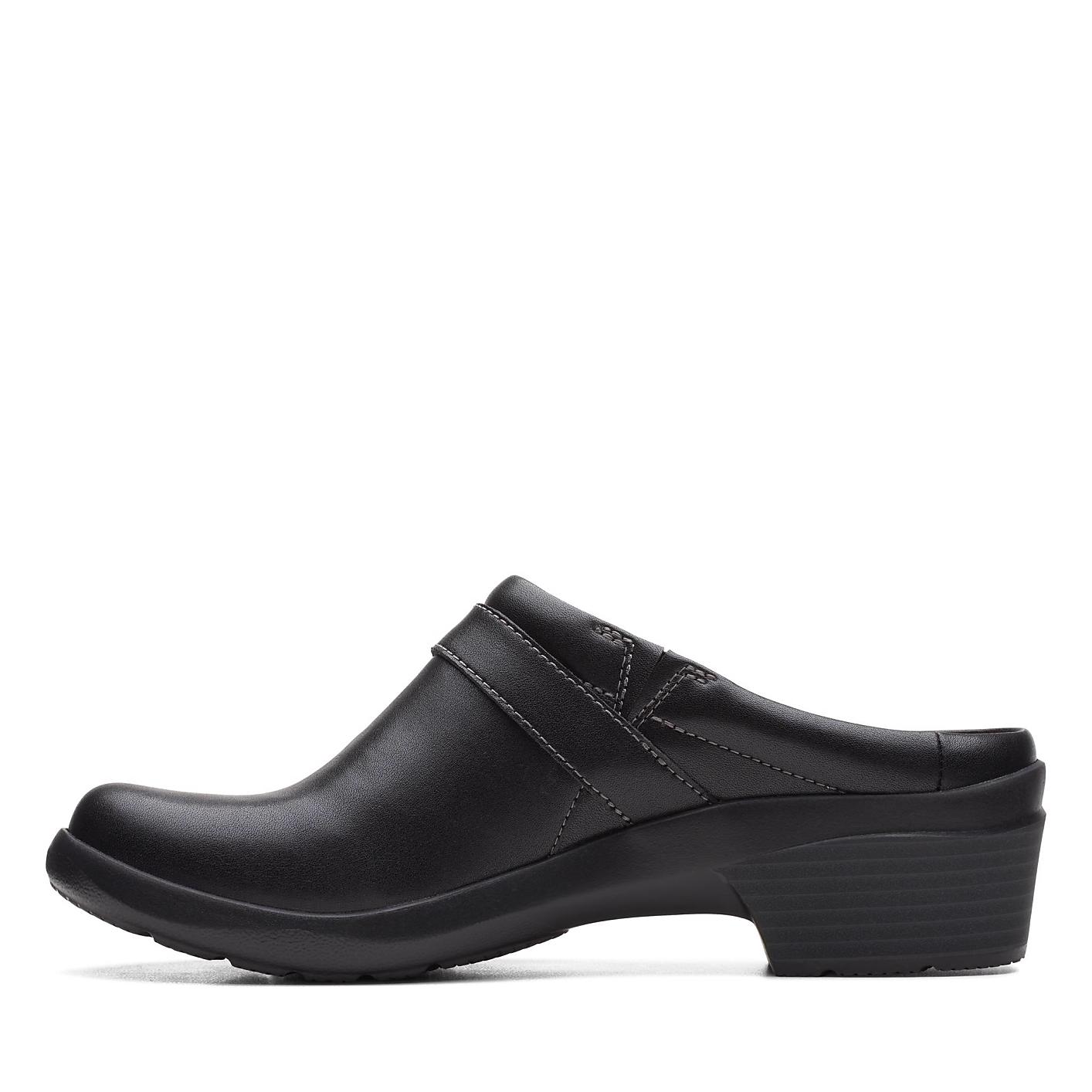 A single black leather clog sits in the foreground against a plain white background. Product Image 2