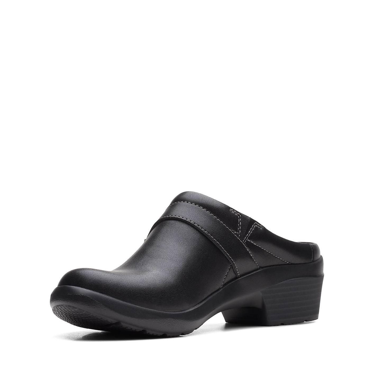 A single black leather clog sits in the foreground against a plain white background. Product Image 5