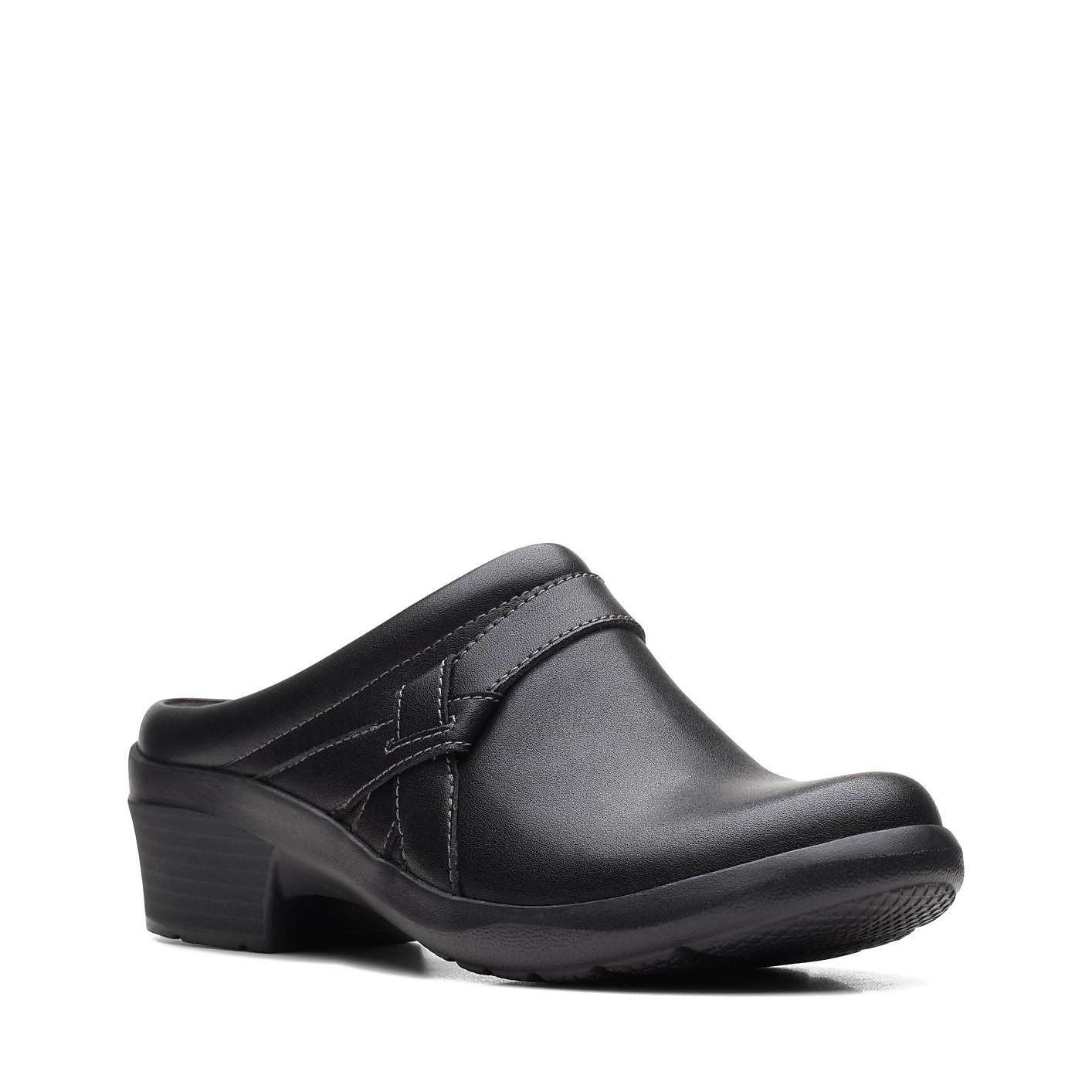 A single black leather clog sits in the foreground against a plain white background. Product Image 3