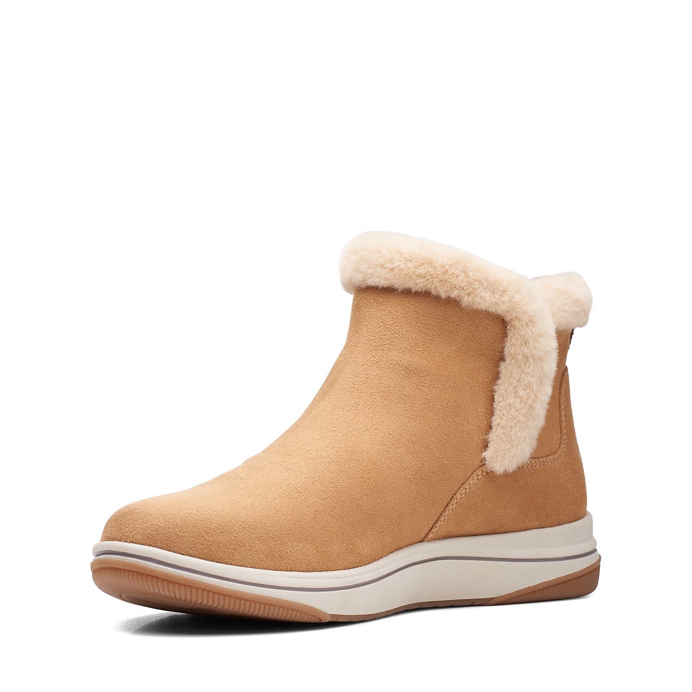 A tan suede ankle boot with a faux-fur trim sits centered against a plain white background. Product Image 5