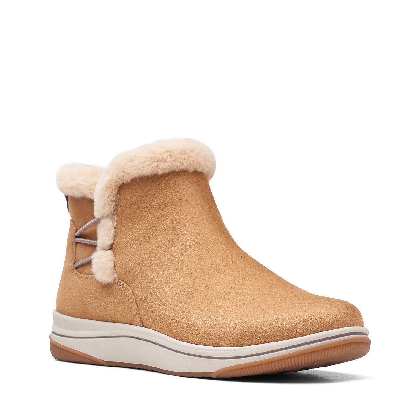 A tan suede boot with a faux-fur lining is centered against a plain white background. Product Image 3