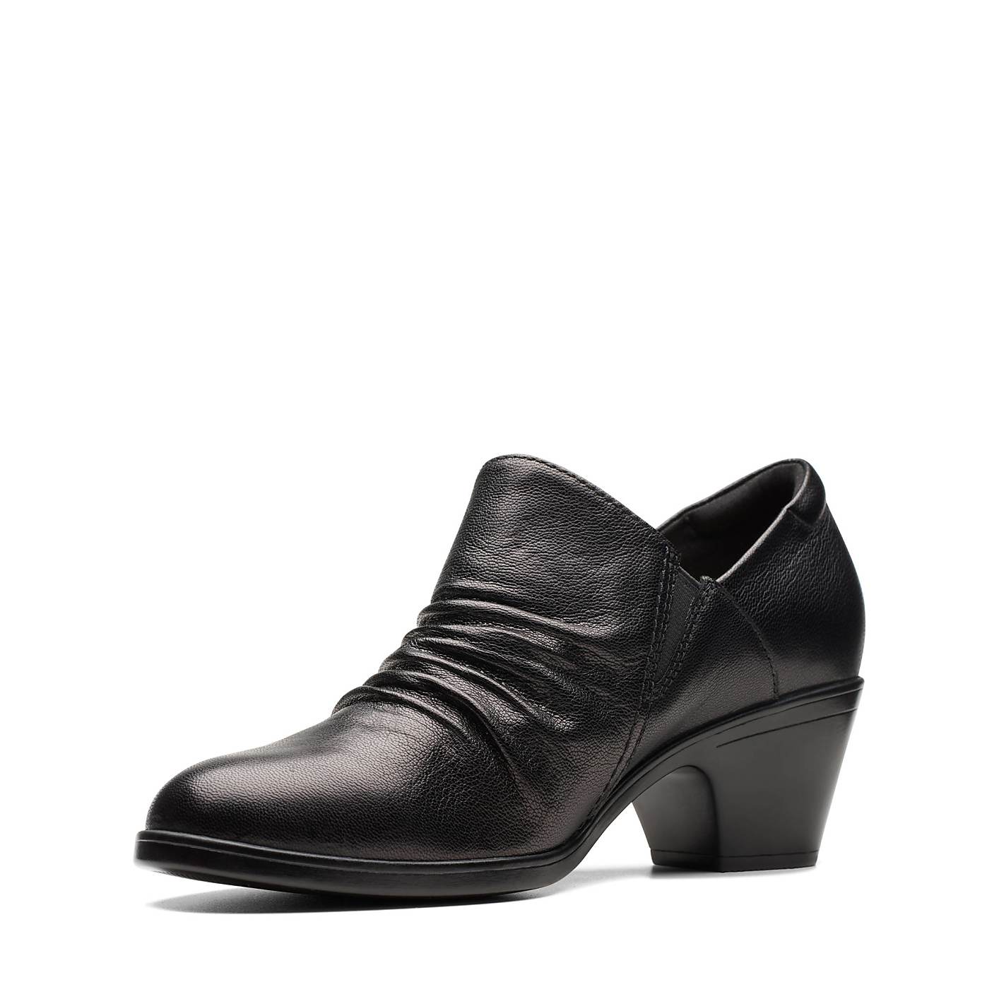 A black leather heeled shoe with ruched detailing sits centered against a plain white background. Product Image 5