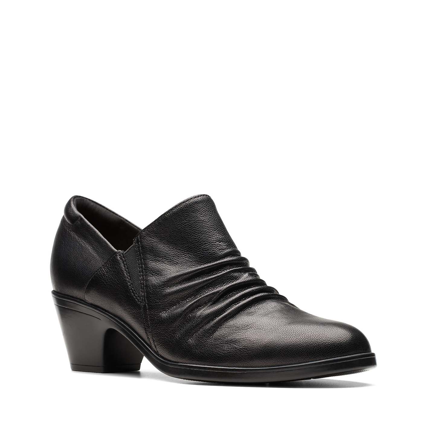 A black leather heeled shoe with ruched detailing sits against a plain white background. Product Image 3