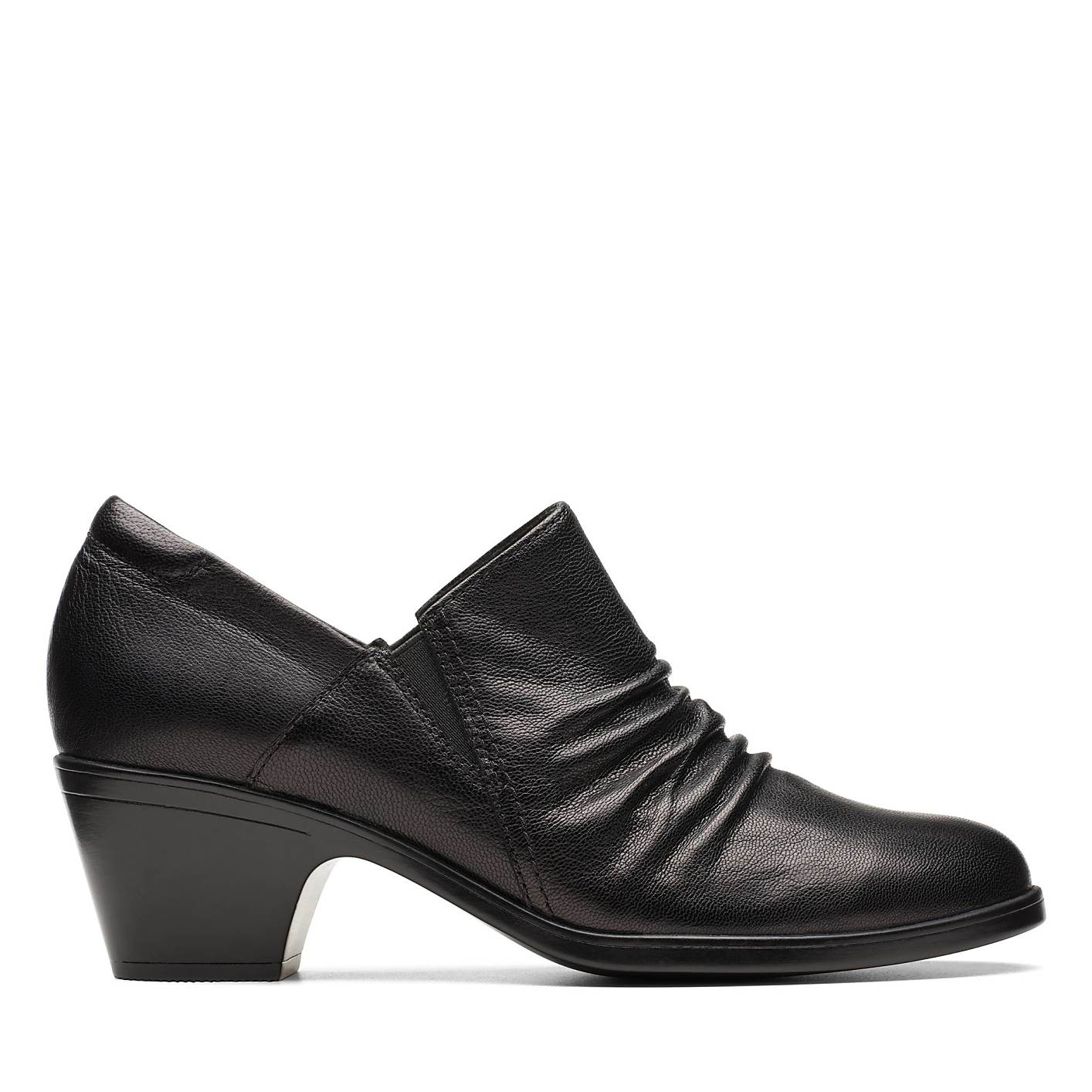 A black leather low-heeled shoe with a ruched front sits against a plain white background. Product Image 1
