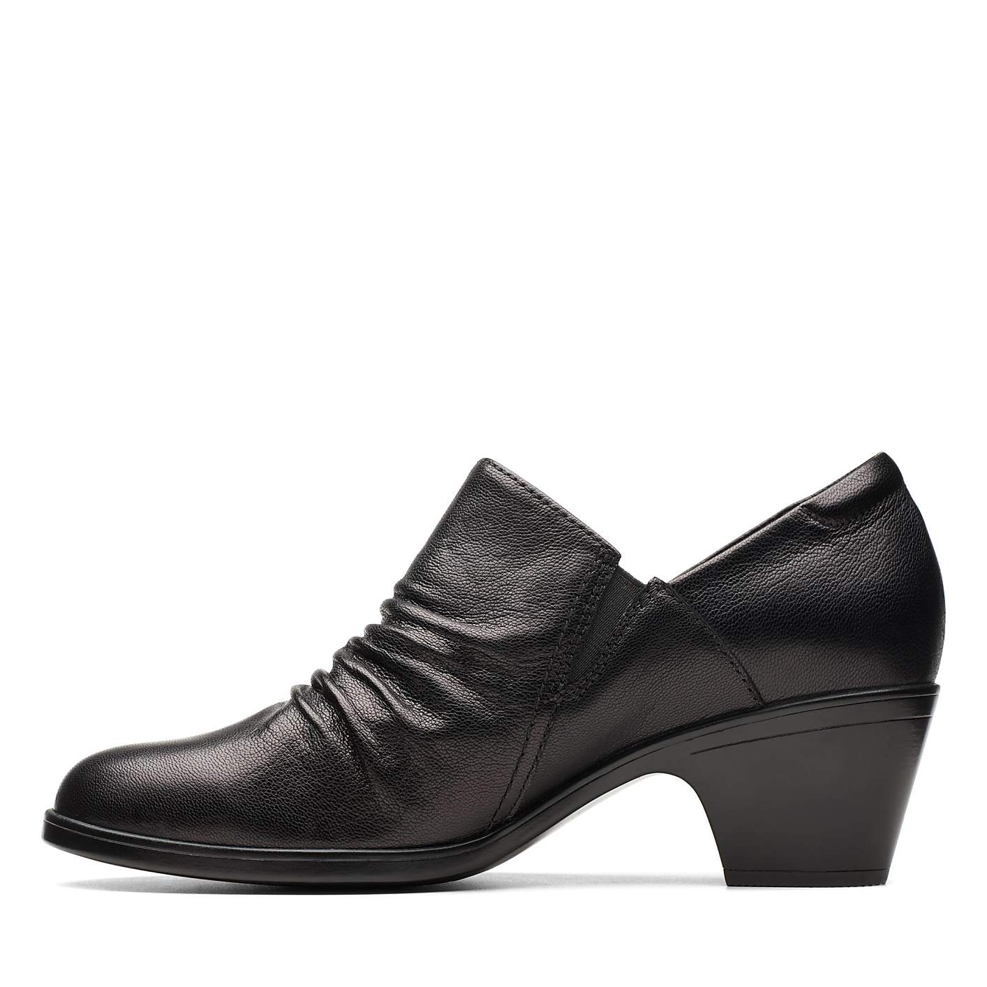 A black leather heeled shoe with a ruched front sits against a plain white background. Product Image 2
