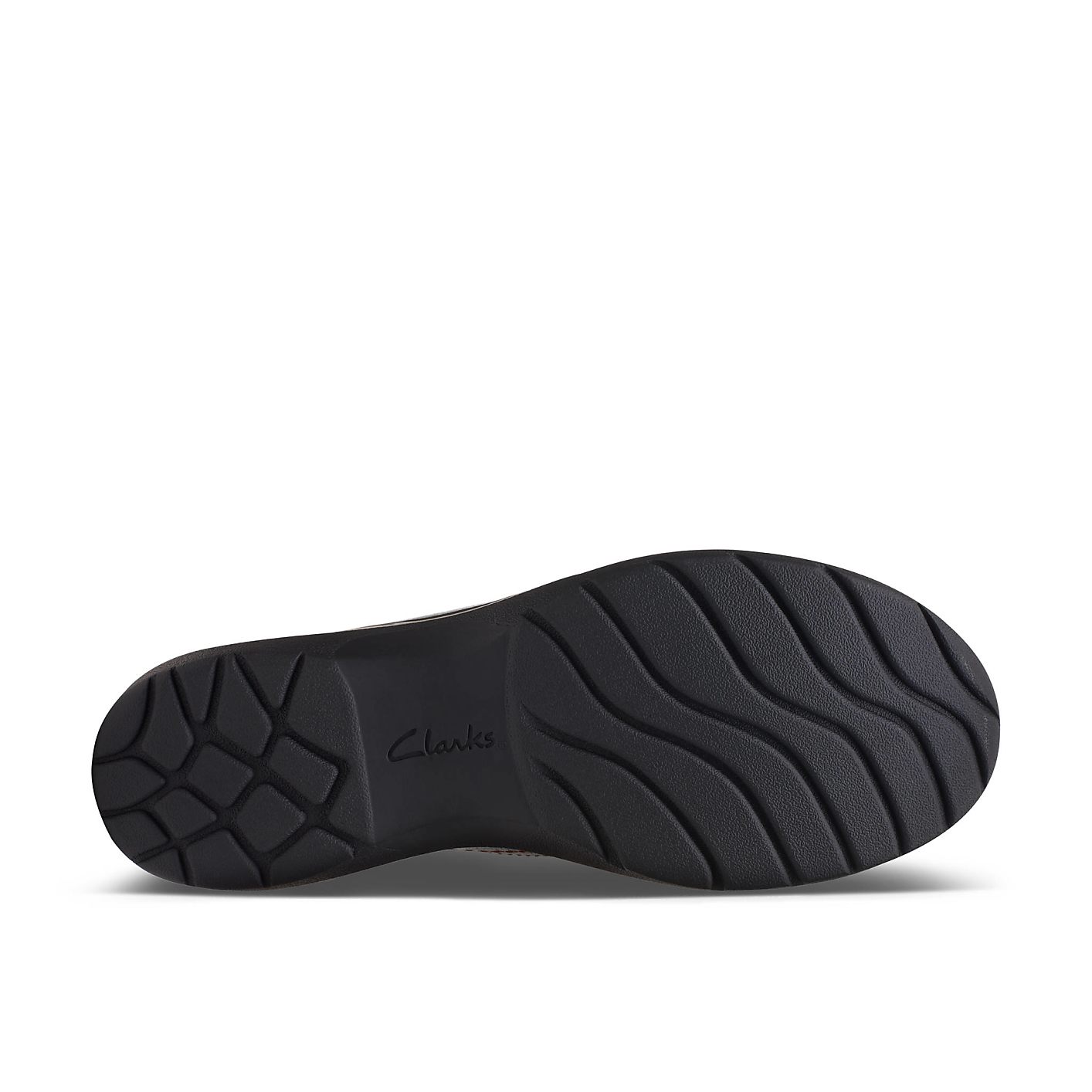 A black Clarks shoe sole with a textured grip is centered against a plain white background. Product Image 4