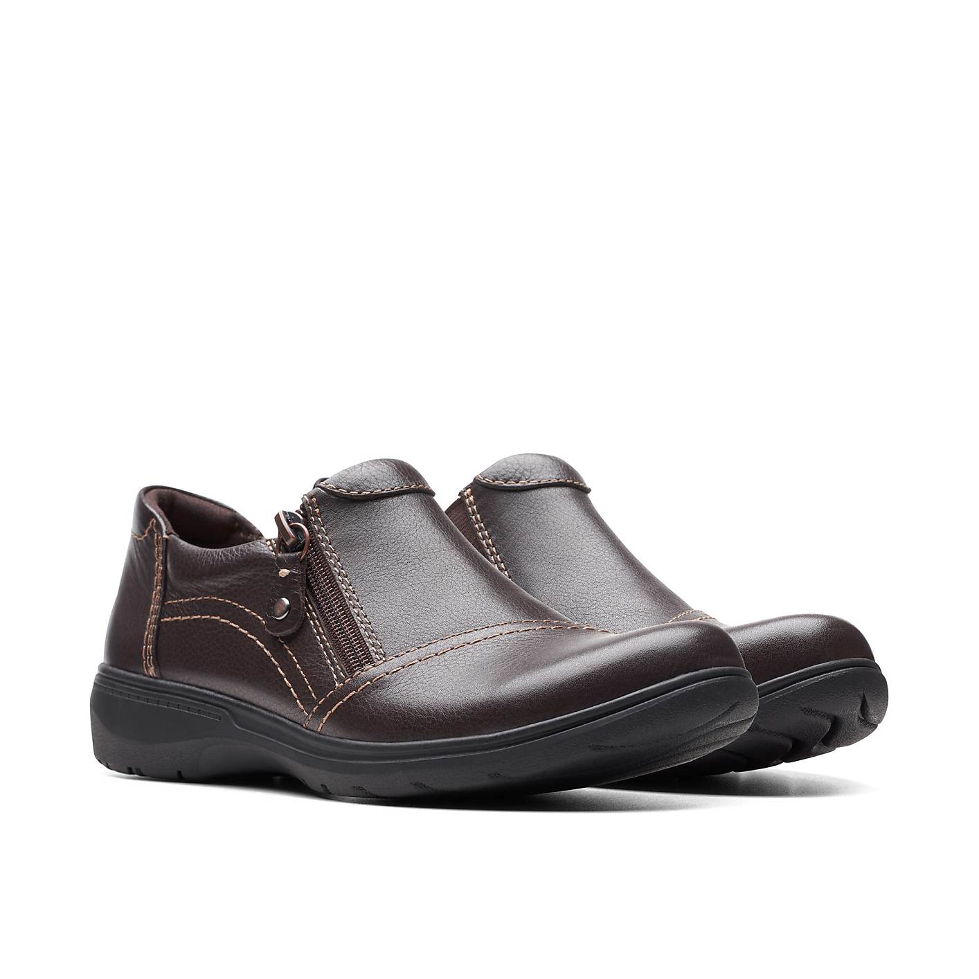 A pair of brown leather slip-on shoes with zippers sits against a plain white background. Product Image 5