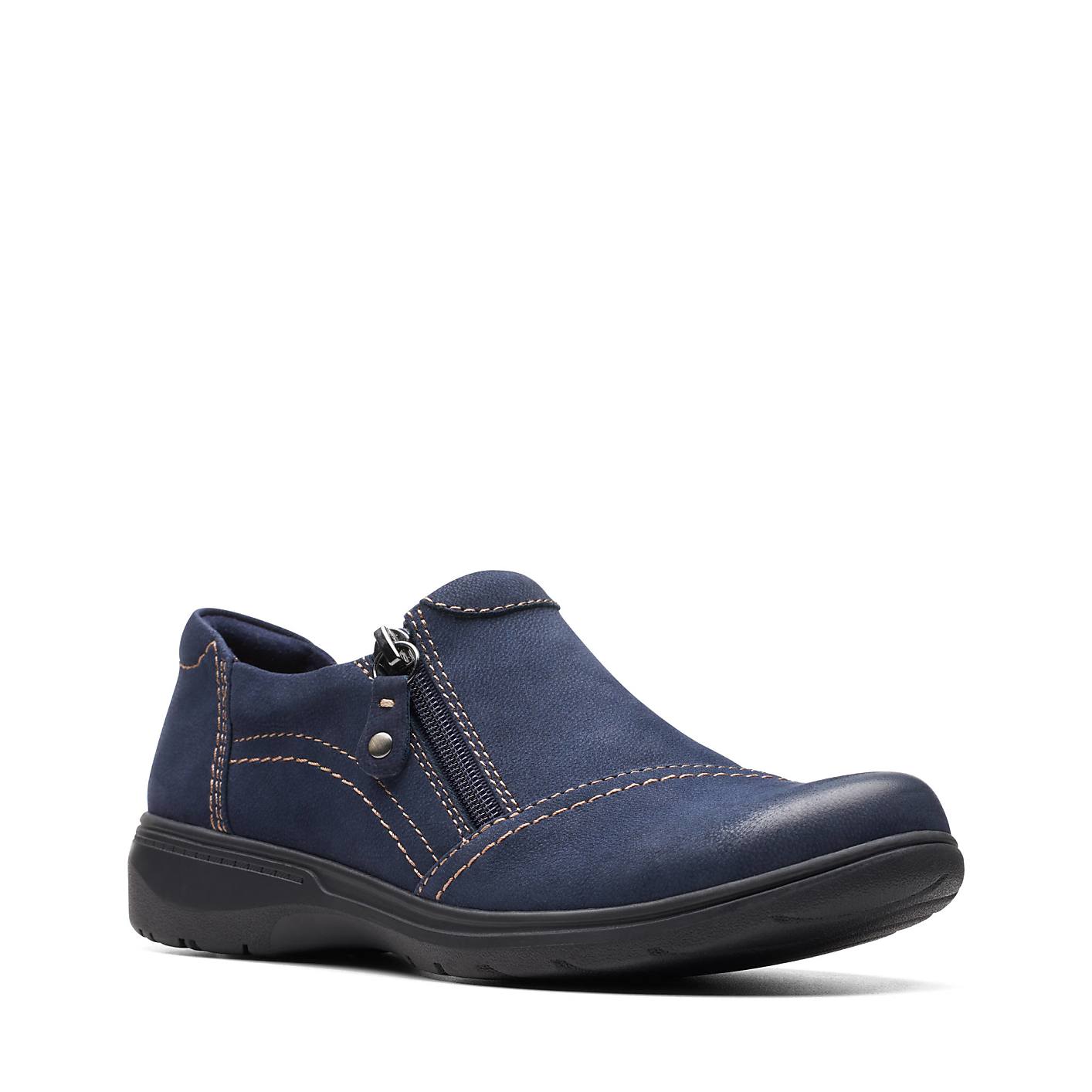 A single navy blue suede shoe with a side zipper sits against a plain white background. Product Image 3