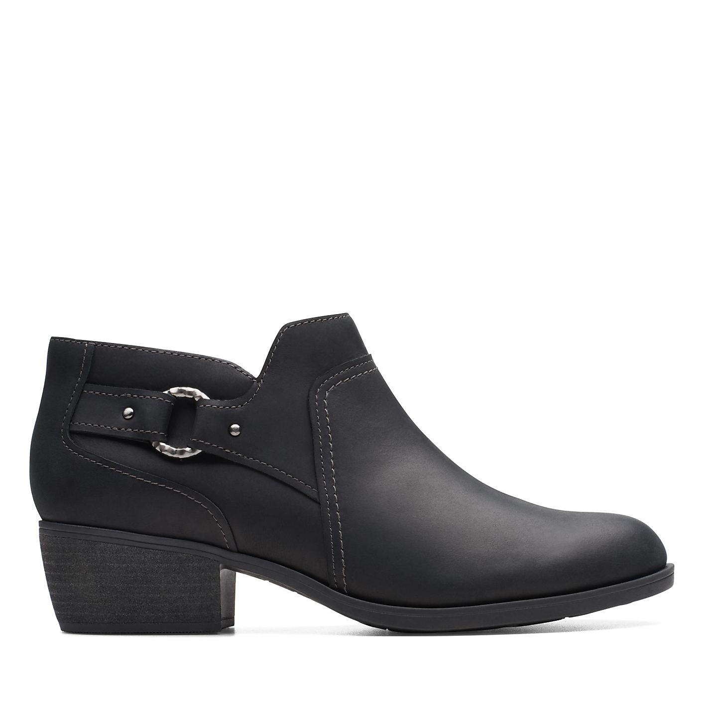 A black leather ankle boot with a decorative buckle sits against a plain white background. Product Image 1