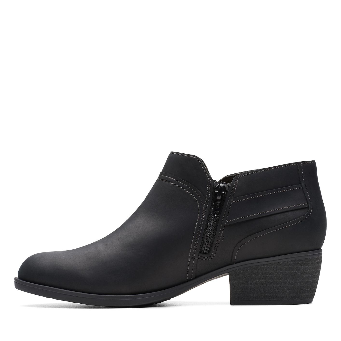 A single black leather ankle boot with a side zipper stands against a plain white background. Product Image 2
