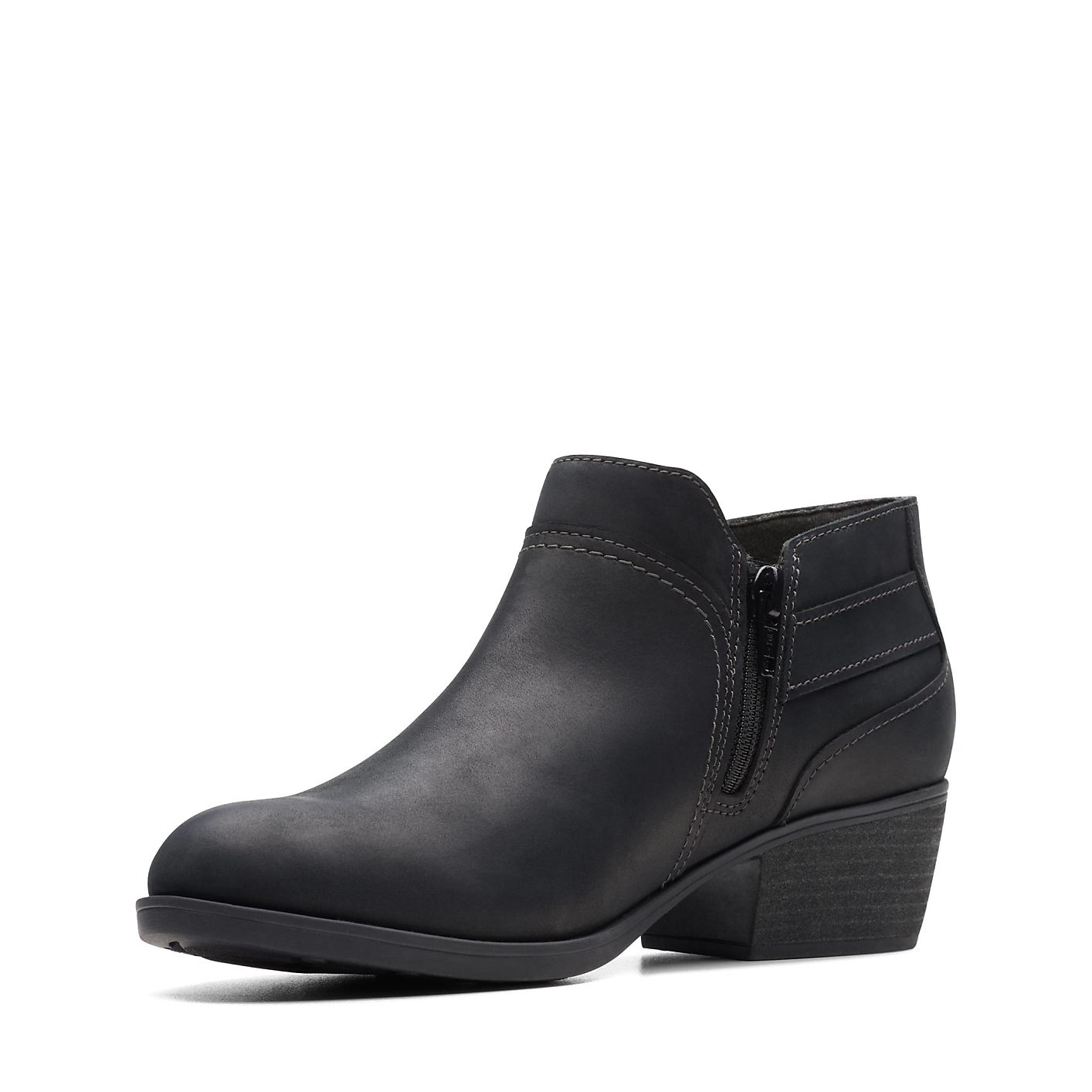 A black leather ankle boot with a side zipper stands against a plain white background. Product Image 5