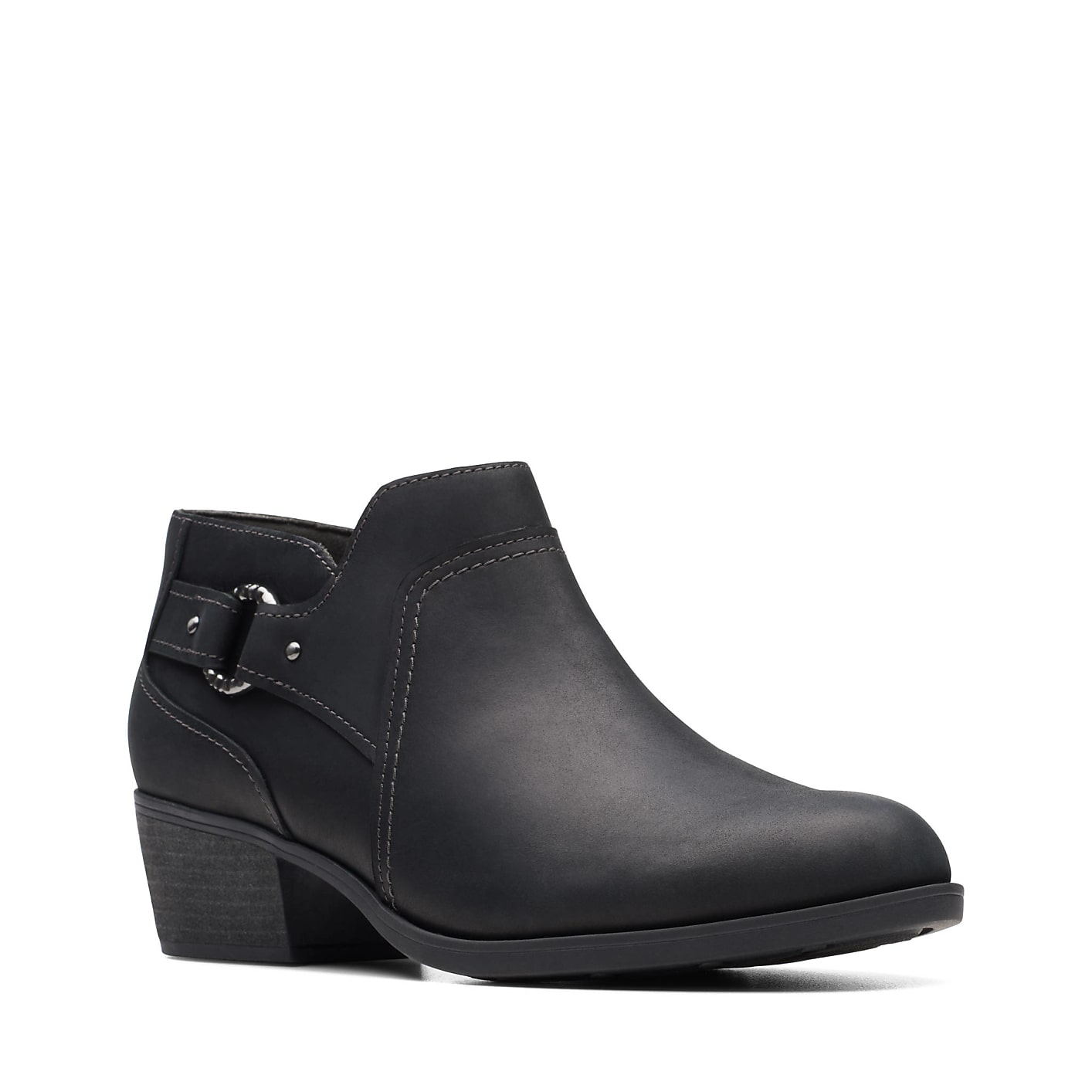 A single black leather ankle boot with a decorative buckle sits against a plain white background. Product Image 3