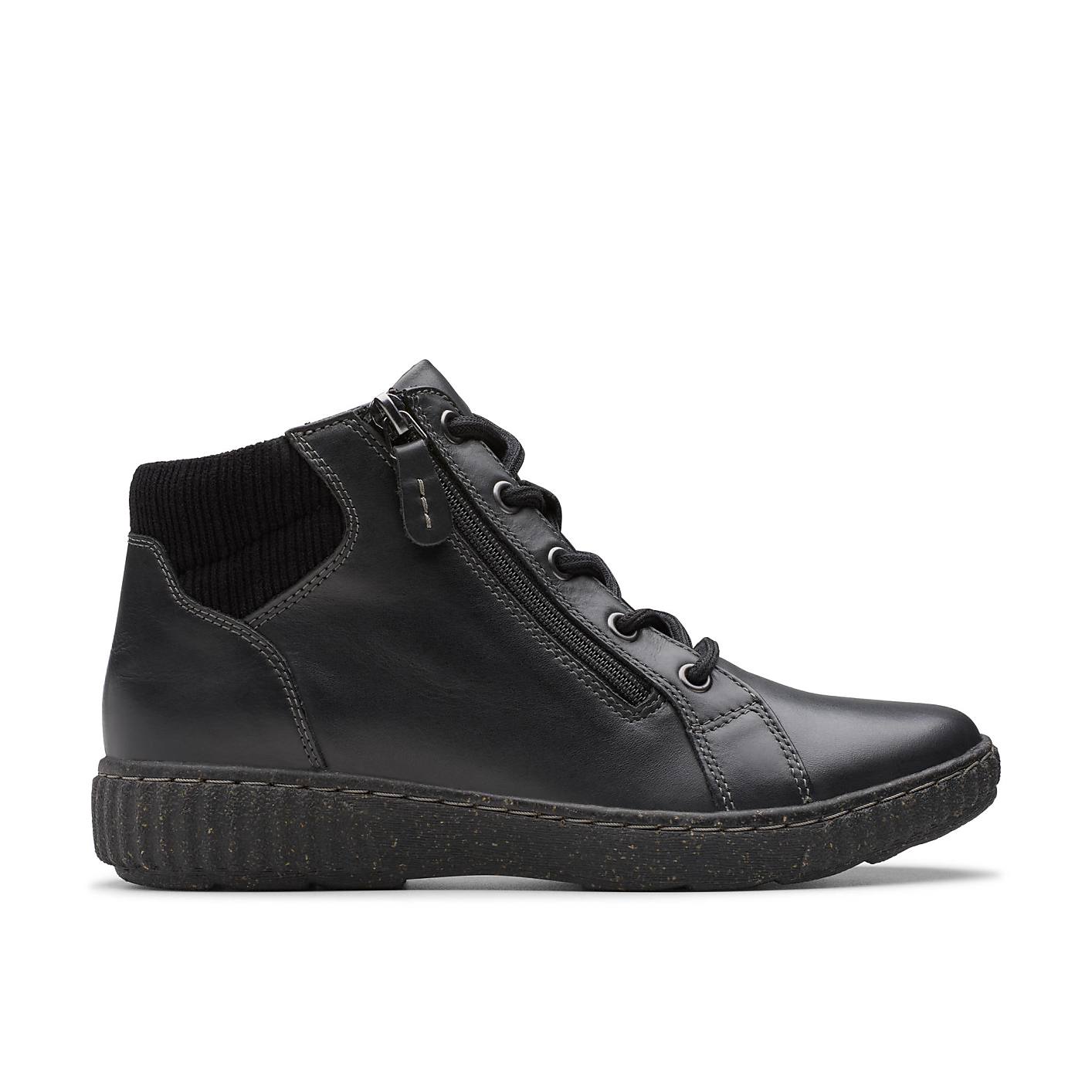 A black leather ankle boot with laces and a side zipper sits against a plain white background. Product Image 1
