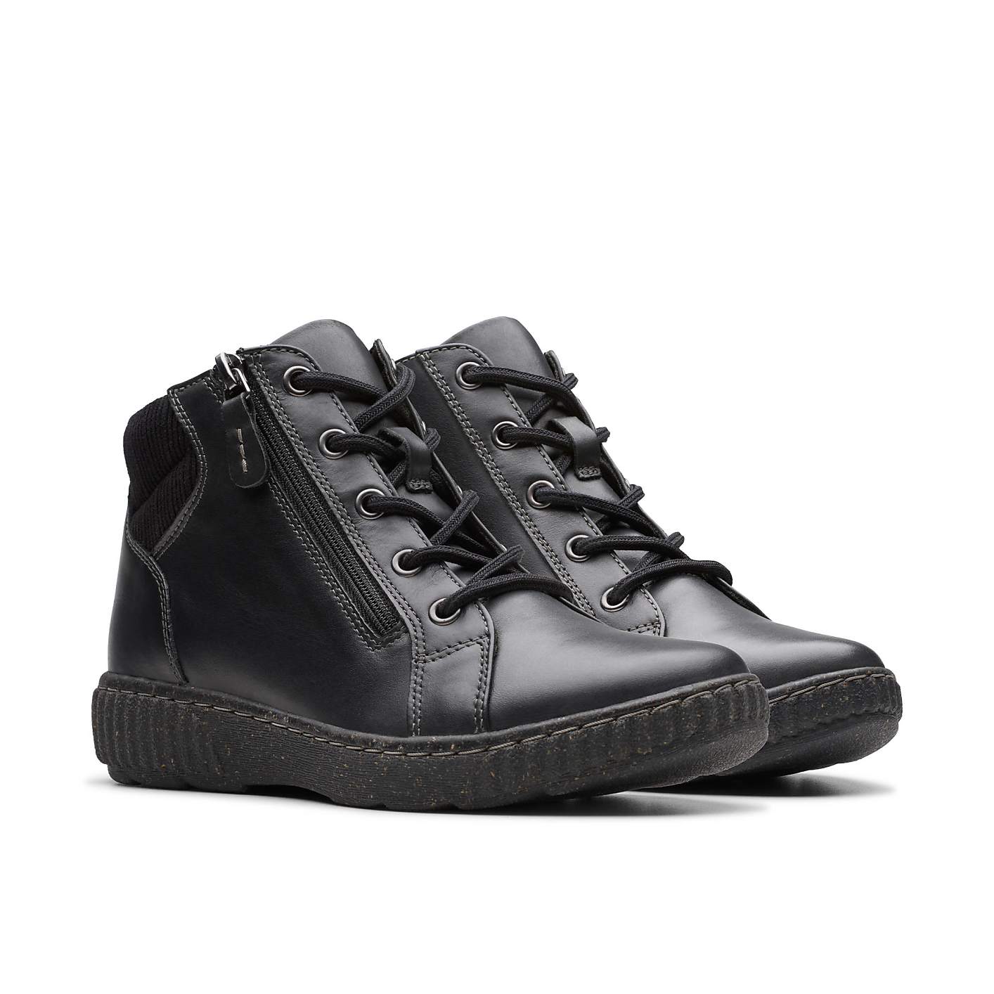 A pair of black leather lace-up boots with side zippers sits against a plain white background. Product Image 5
