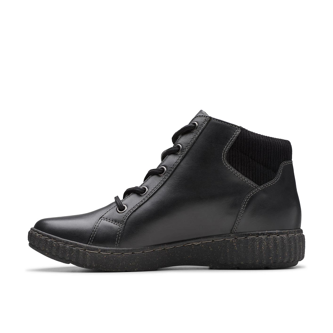 A single black leather ankle boot with a ribbed collar sits in the foreground against a plain white background. Product Image 3