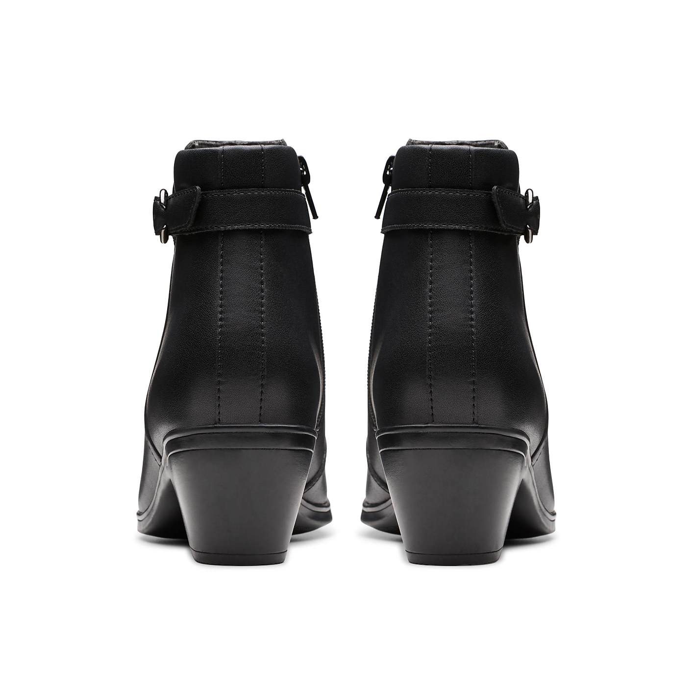 A black leather kitten heel boot with a zipper closure stands on a white background. Product Image 2